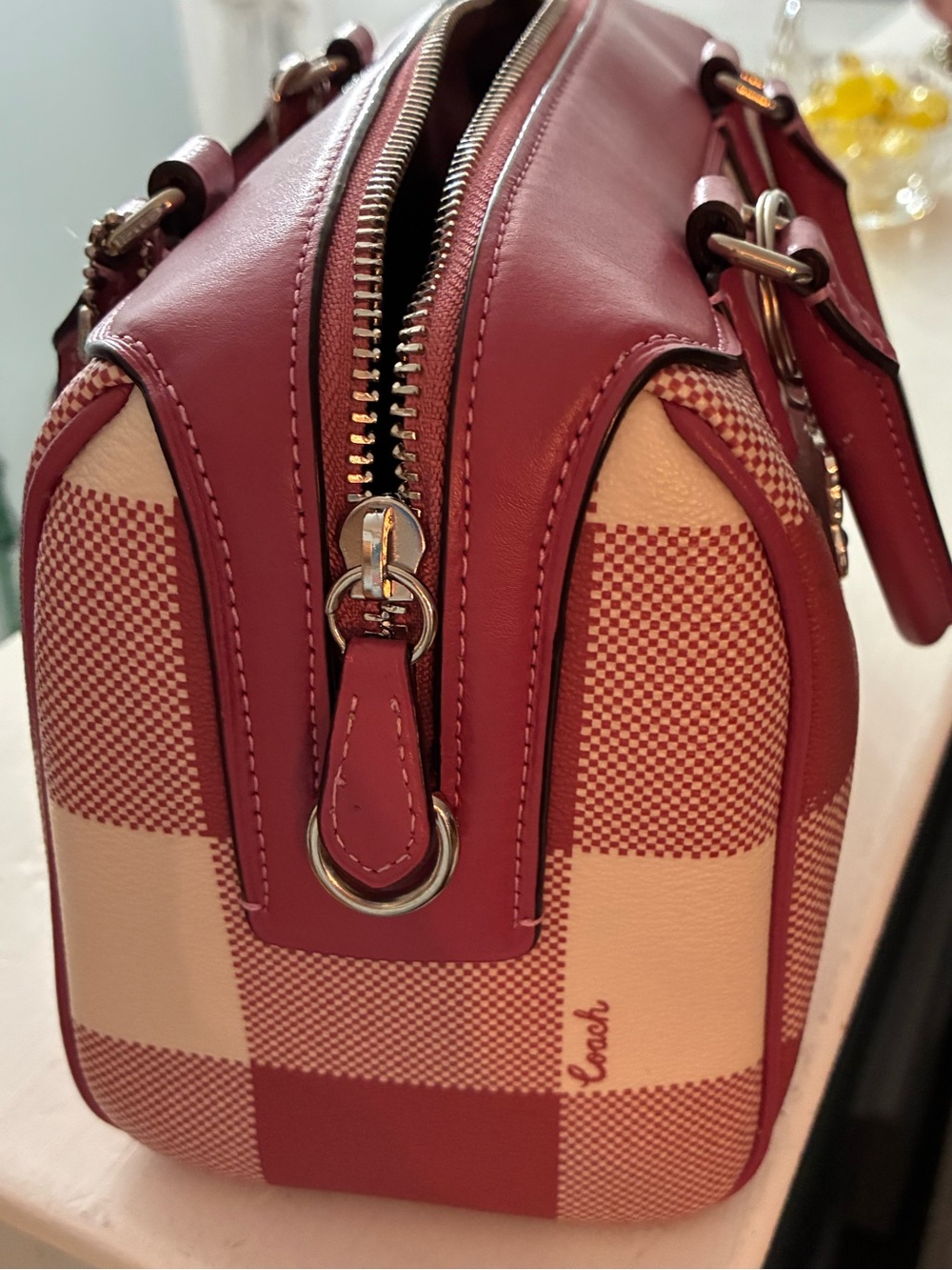 Coach Pink Checkered Satchel with Gold Hardware with detachable strap and charm